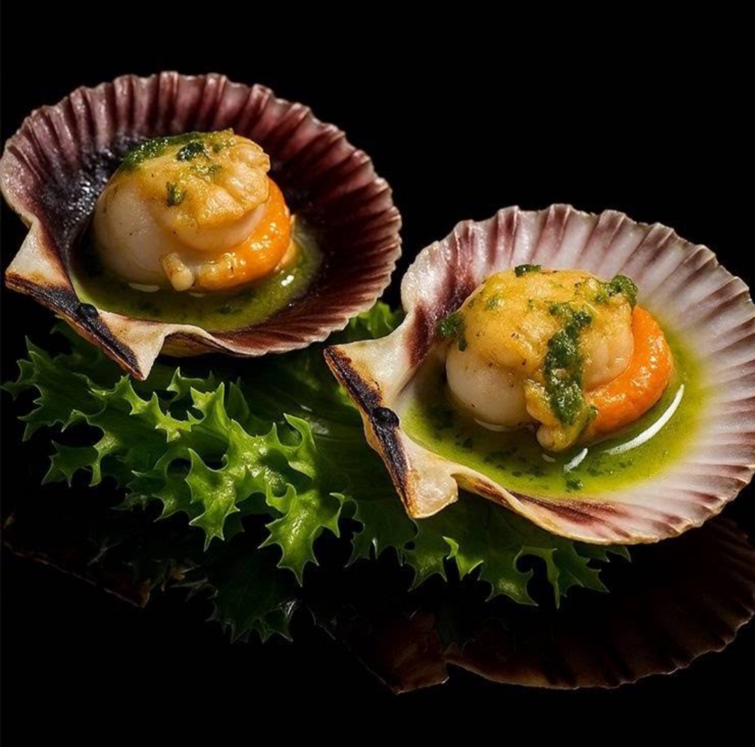 Gegrillte Jakobsmuscheln, ein Beispiel für eine Live-Station im Buffet