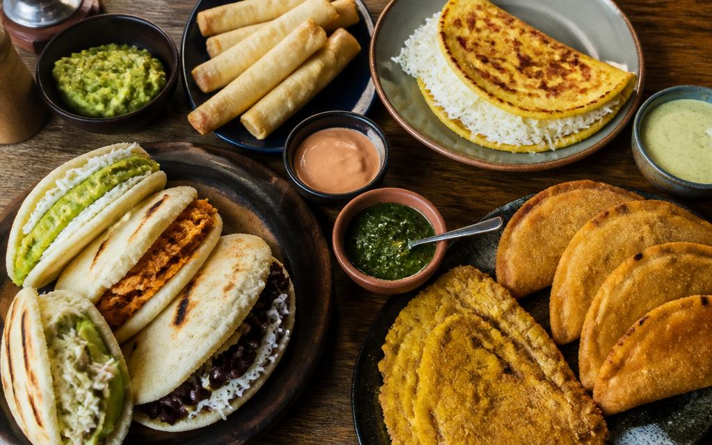Mesa venezolana con arepas rellenas, tequeños, empanadas, cachapa y patacón