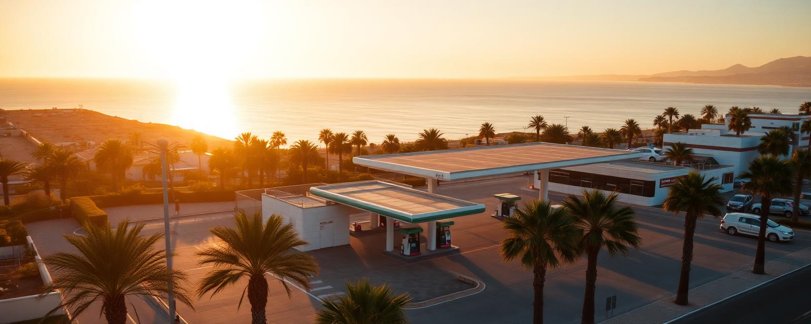 Estación de servicio con vistas al Mediterráneo en Alicante al atardecer